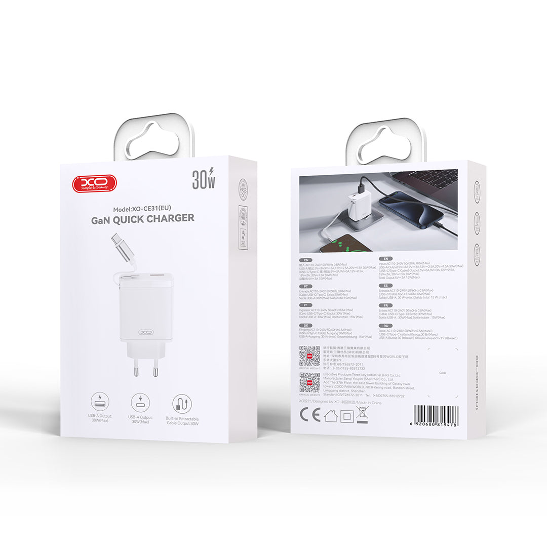 Network Charger with USB-C Cable XO Design CE31, 30W, 3A, 1 x USB-A - 1 x USB-C, White