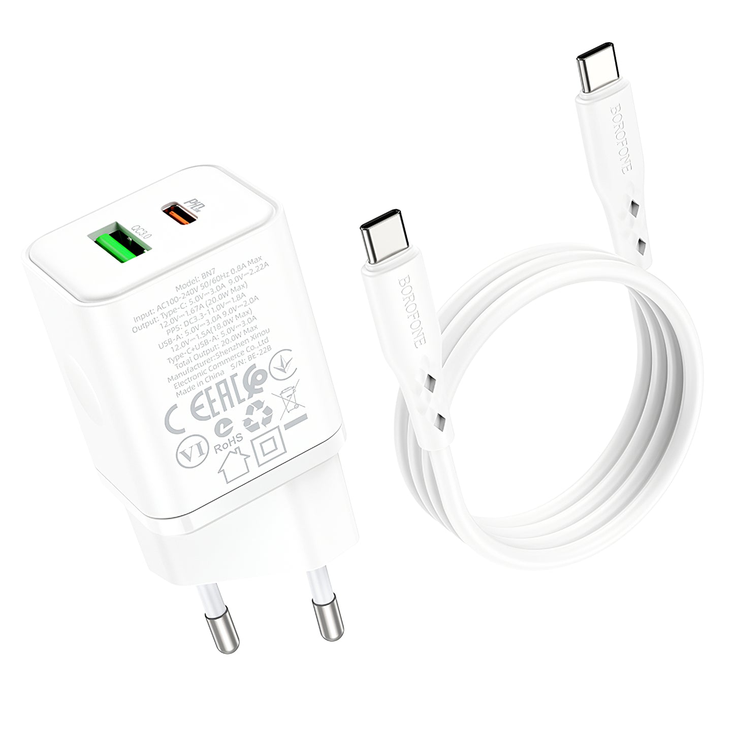 Borofone BN7 Network Charger With USB-C Cable, 20W, 3A, 1 x USB-A - 1 x USB-C, White