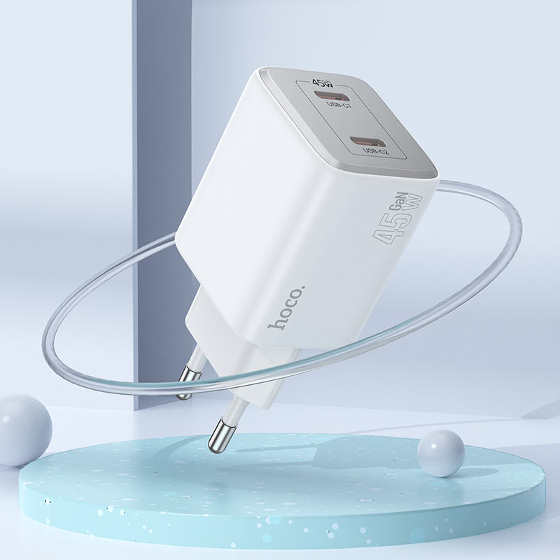 HOCO N42 Power Adapter with Lightning Cable, 45W, 3A, 2 x USB-C, White