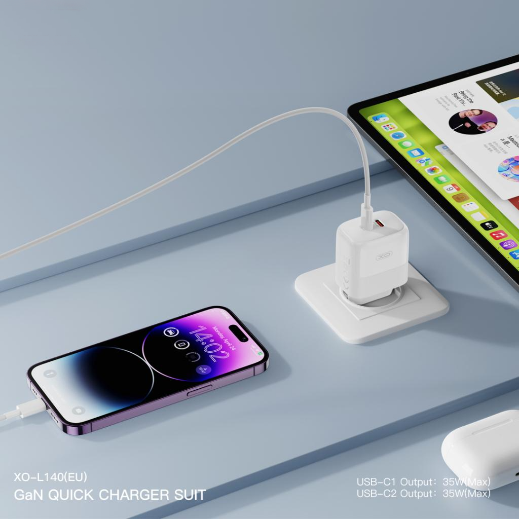 Network Charger with USB-C Cable XO Design L140, 35W, 3A, 2 x USB-C, White