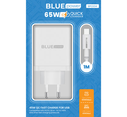 Network Charger with USB-C Cable BLUE Power BPCE04, 65W, 3.25A, 1 x USB-A - 2 x USB-C, White