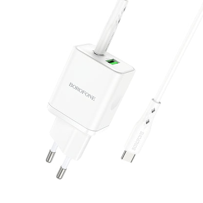 Borofone BN7 Network Charger With USB-C Cable, 20W, 3A, 1 x USB-A - 1 x USB-C, White