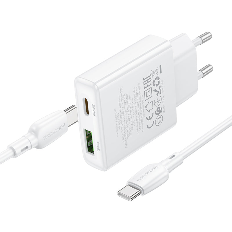 Borofone BN25 Wish USB-C Cable Charger, 30W, 3A, 1 x USB-A - 1 x USB-C, White