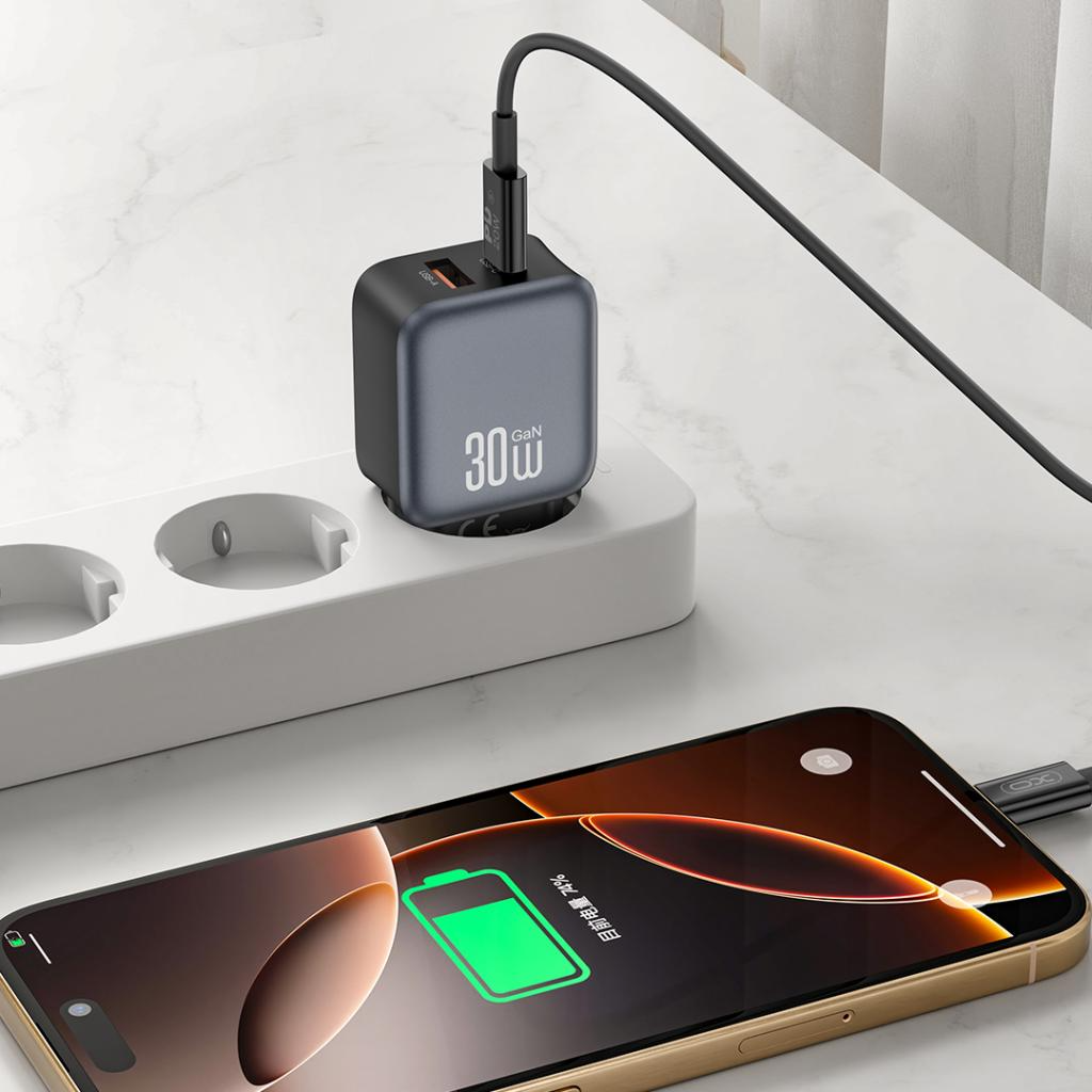 Network Charger with Lightning Cable XO Design L156, 30W, 3A, 1 x USB-A - 1 x USB-C, Black