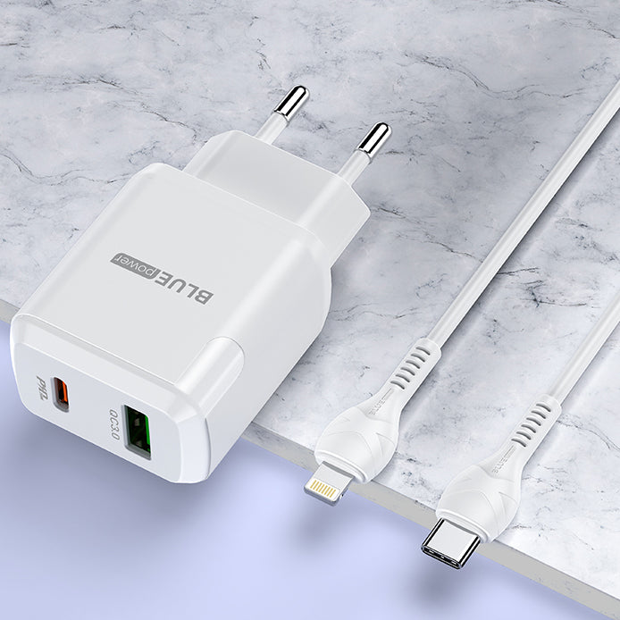 Network Charger with Lightning Cable BLUE Power BLN5, 20W, 3A, 1 x USB-A - 1 x USB-C, White