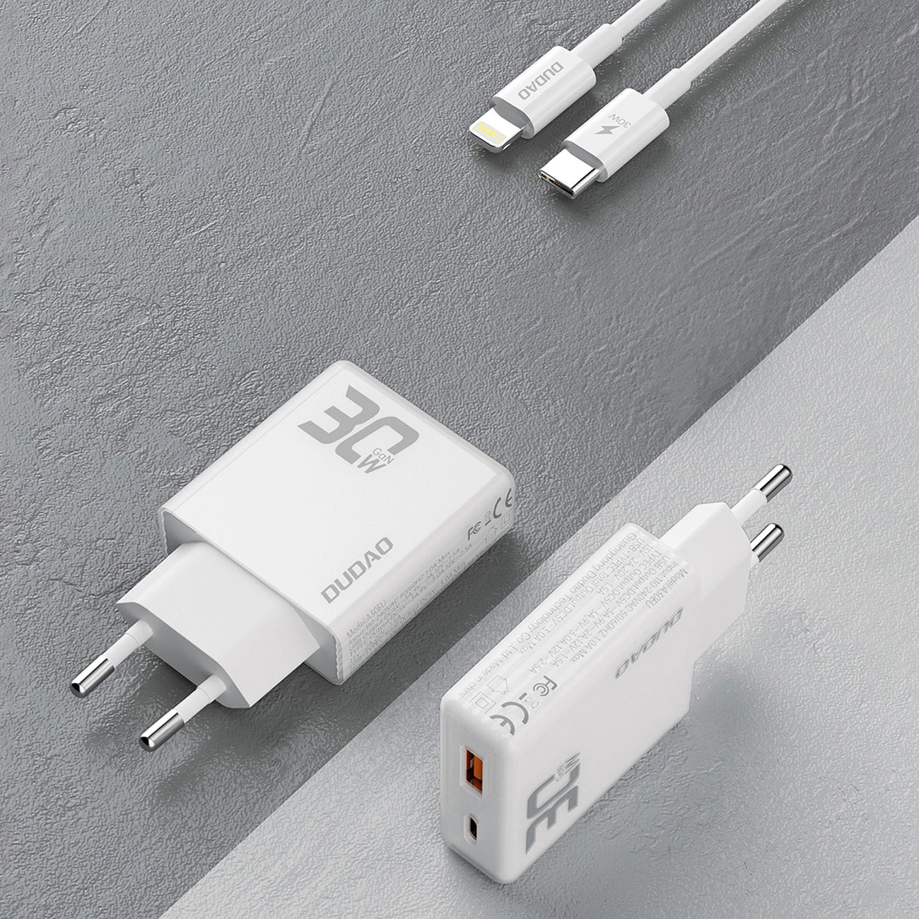 Dudao A30EUL Power Adapter with Lightning Cable, 30W, 3A, 1 x USB-A - 1 x USB-C, White