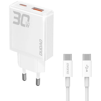 Dudao A30EUT Power Adapter with USB-C Cable, 30W, 3A, 1 x USB-A - 1 x USB-C, White