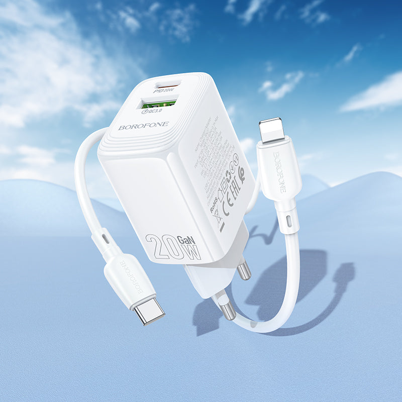 Network Charger with Lightning Cable Borofone BN27 Fuente, 20W, 3A, 1 x USB-A - 1 x USB-C, White