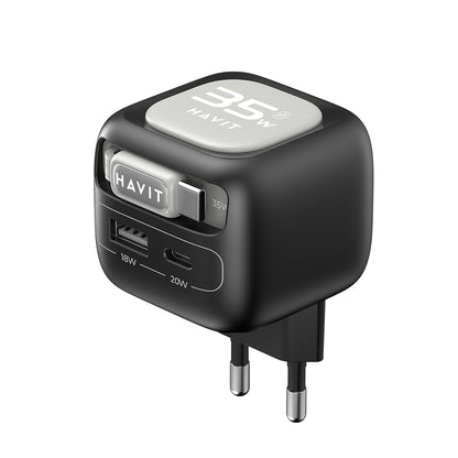 HAVIT UC251 USB-C Network Charger with Cable, 35W, 3A, 1 x USB-A - 1 x USB-C, Black Grey