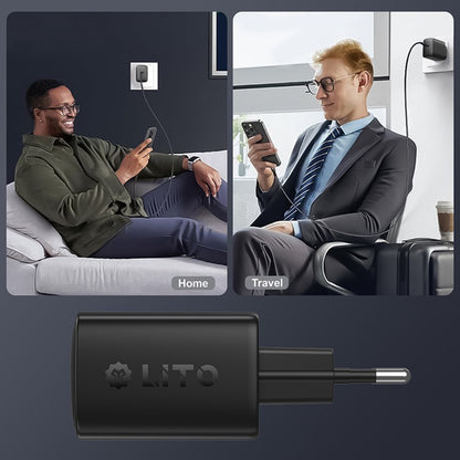 Network Charger with USB-C Cable Lito LC22T, 45W, 3A, 2 x USB-C, Black
