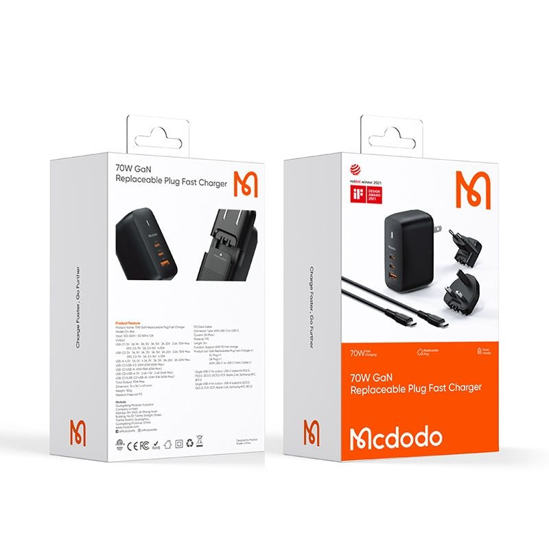 McDodo CH-8442 Mecha Travel Network Charger with USB-C Cable, 65W, 5A, 1 x USB-A - 2 x USB-C, Black