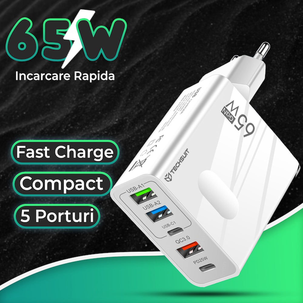 Network Charger with USB-C Cable Techsuit CHC1 PentaXPower, 25W, 3A, 3 x USB-A - 2 x USB-C, White