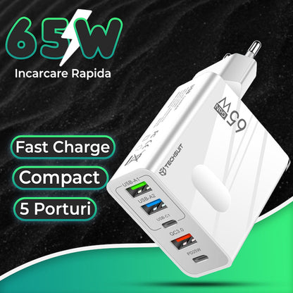 Network Charger with USB-C Cable Techsuit CHC1 PentaXPower, 25W, 3A, 3 x USB-A - 2 x USB-C, White
