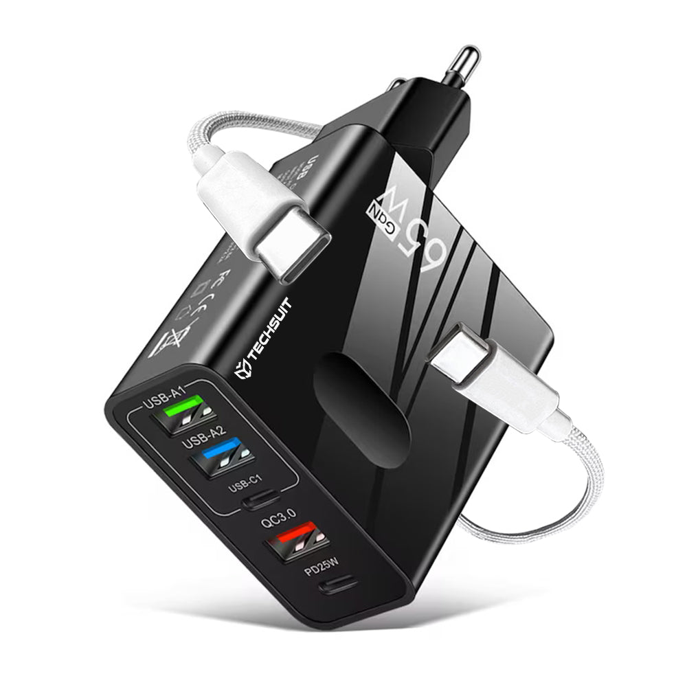 Techsuit CHC1 PentaXPower Network Charger with USB-C Cable, 25W, 3A, 3 x USB-A - 2 x USB-C, Black