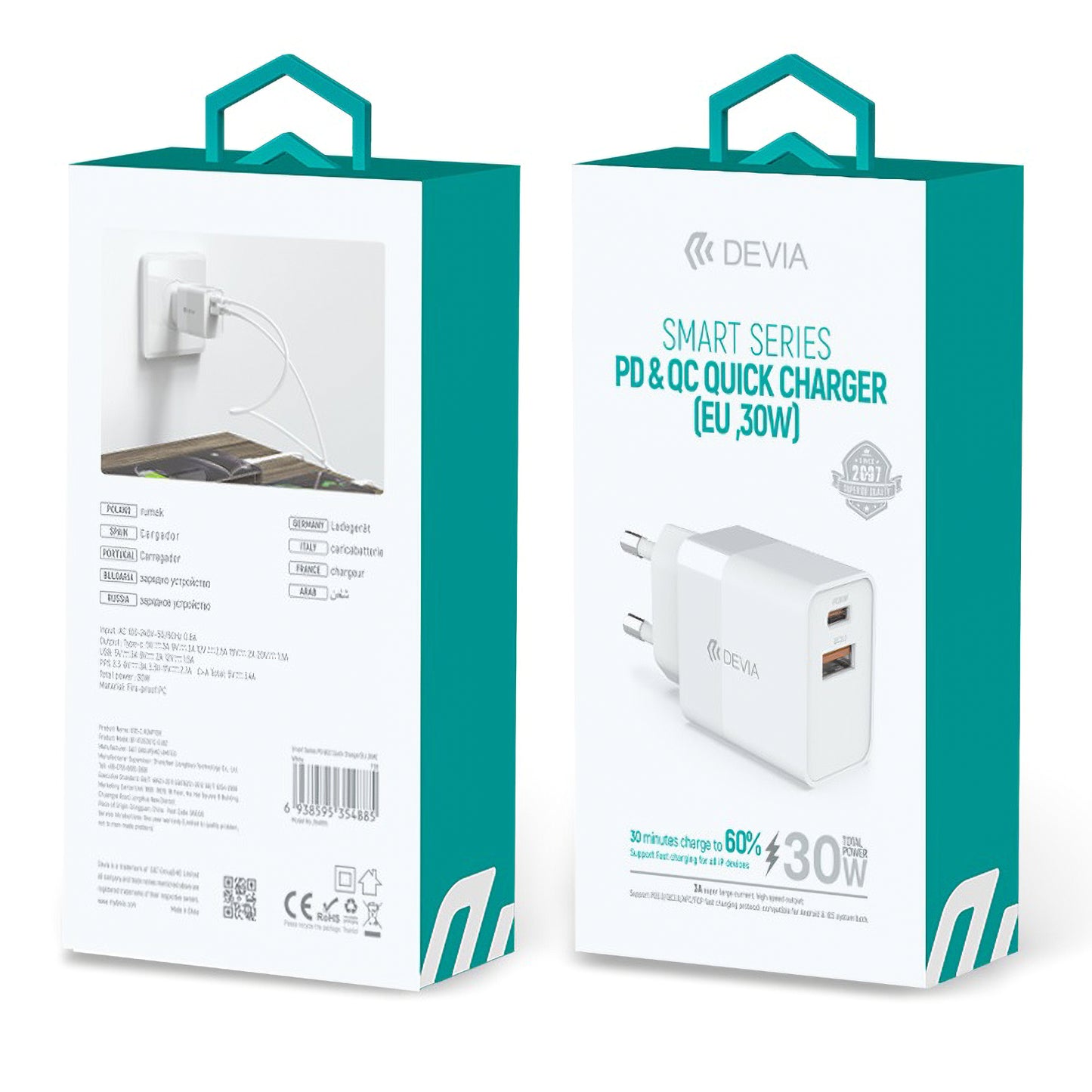 DEVIA RLC-389 Power Adapter, 30W, 3A, 1 x USB-A - 1 x USB-C, White