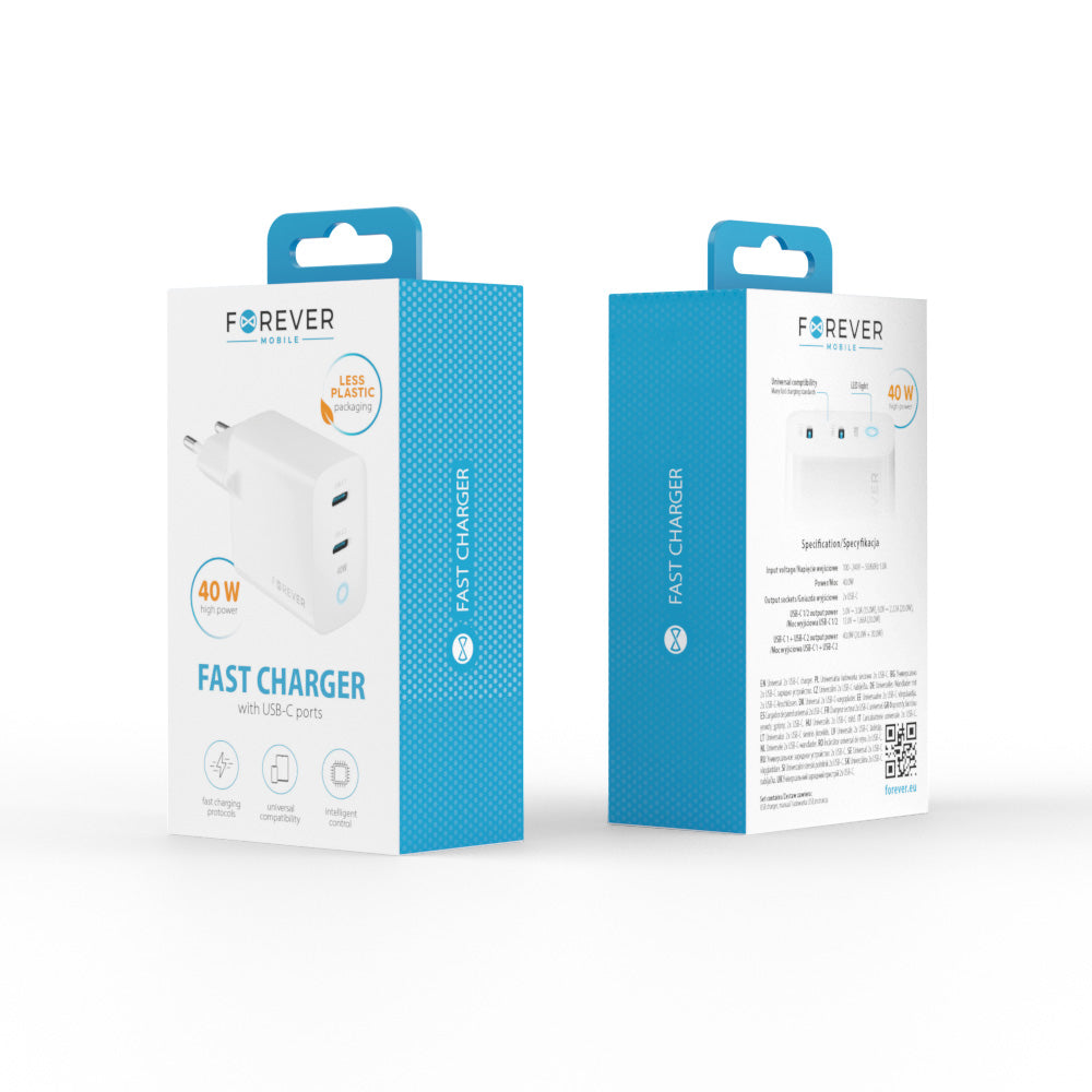 Forever Network Charger TC-06-40CC, 40W, 3A, 2 x USB-C, White