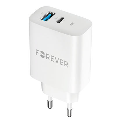 Forever TC-07-30AC Power Adapter, 30W, 3A, 1 x USB-A - 1 x USB-C, White