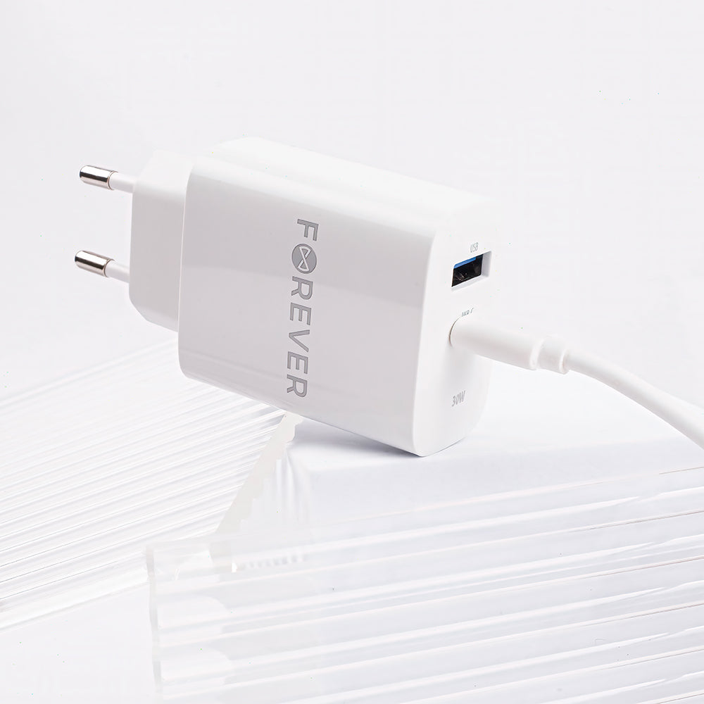 Forever TC-07-30AC Power Adapter, 30W, 3A, 1 x USB-A - 1 x USB-C, White