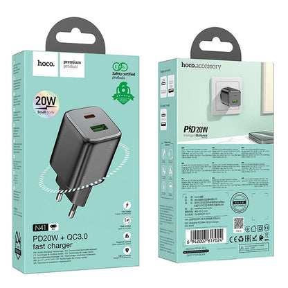 HOCO N41 Network Charger, 20W, 3A, 1 x USB-A - 1 x USB-C, Black