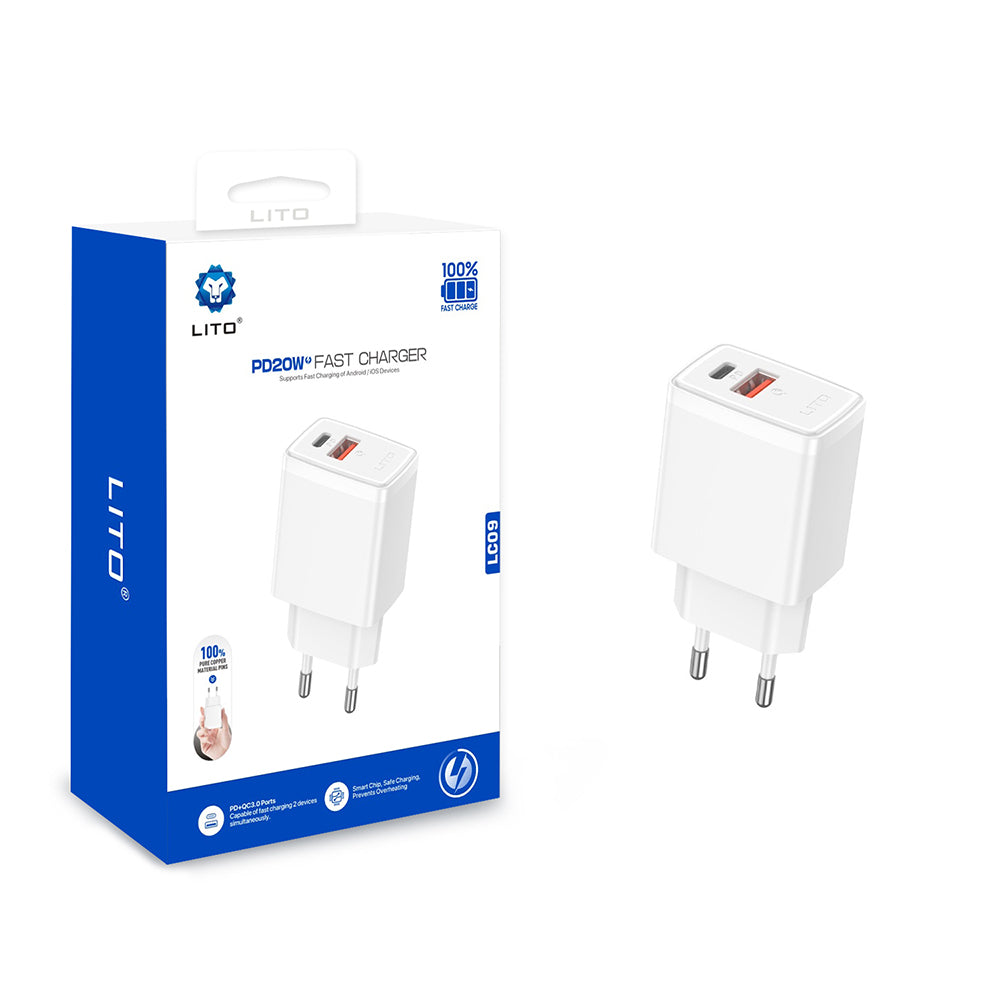 Lito LC09 Network Charger, 20W, 3A, 1 x USB-A - 1 x USB-C, White