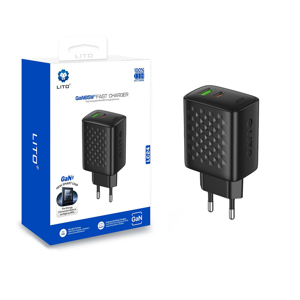 Lito LC24 Network Charger, 65W, 3.25A, 1 x USB-A - 1 x USB-C, Black