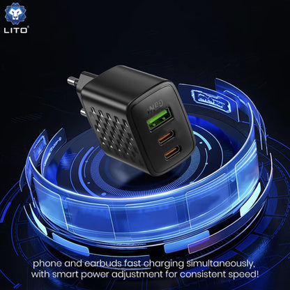 Lito LC25 Network Charger, 65W, 3.25A, 1 x USB-A - 2 x USB-C, Black