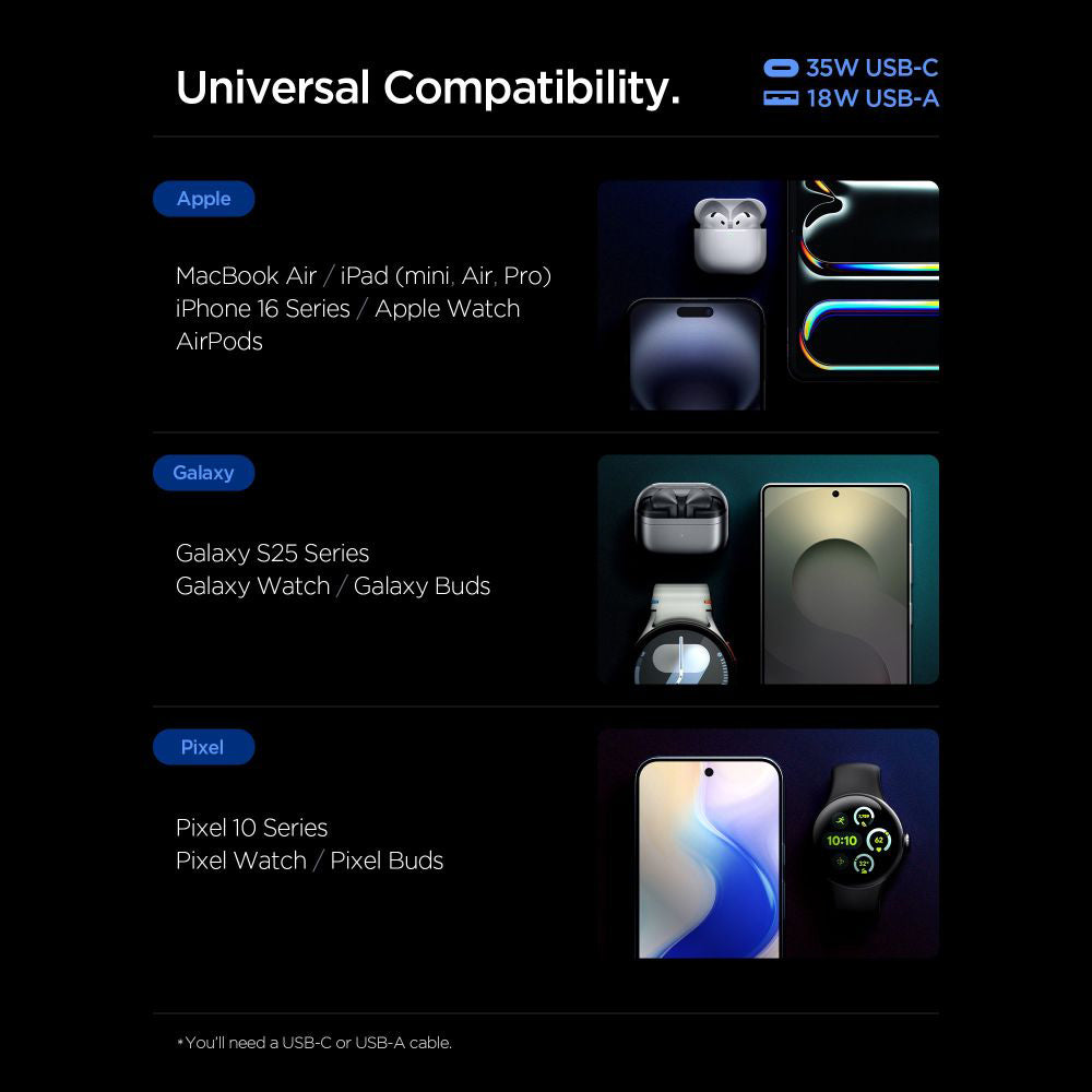 Spigen Essential Network Charger, 35W, 3A, 1 x USB-A - 1 x USB-C, White