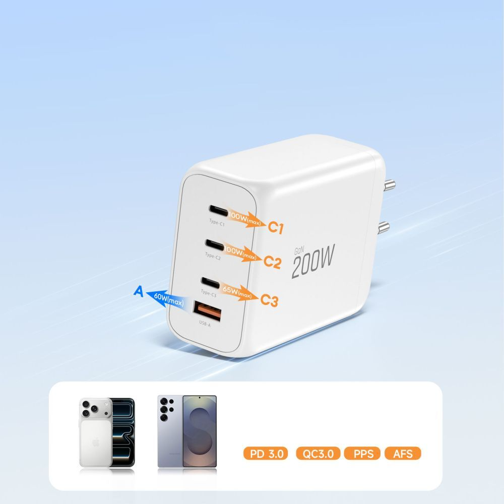 Tech-Protect NC200W-GAN Network Charger, 200W, 5A, 1 x USB-A - 3 x USB-C, White