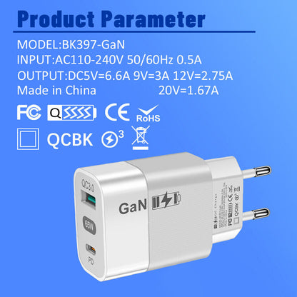 Techsuit CHPD131 Network Charger, 65W, 3.25A, 1 x USB-A - 1 x USB-C, White
