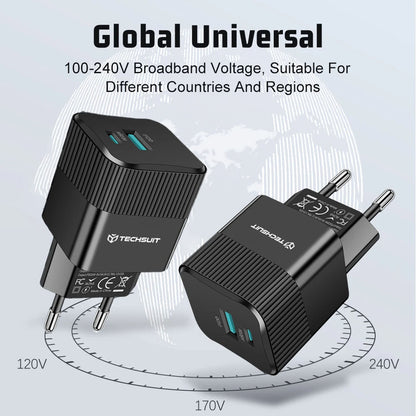 Techsuit CHPD216 Tiny Network Charger, 25W, 3A, 1 x USB-A - 1 x USB-C, Black