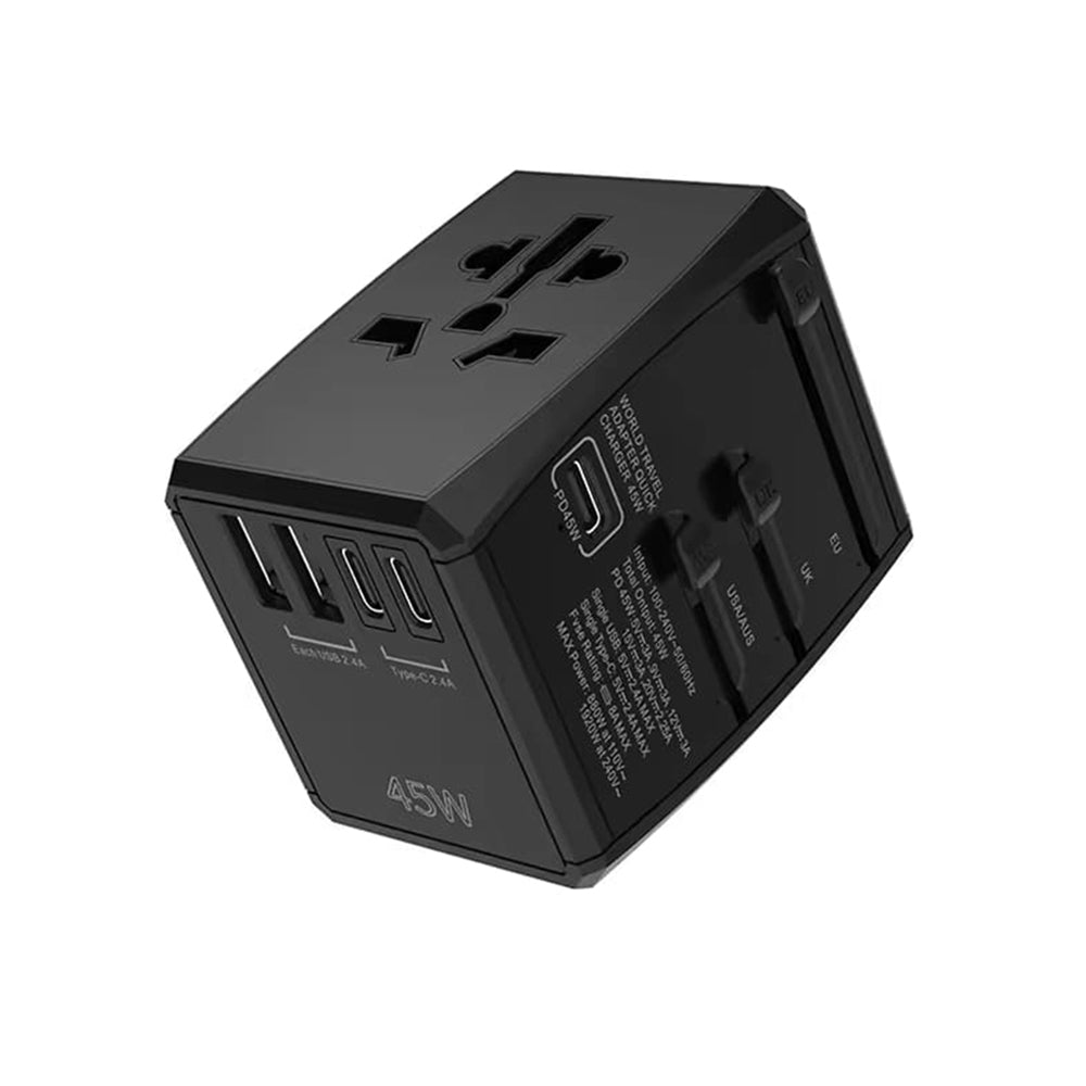 Techsuit HHT905 Travel Network Charger, 45W, 3A, 2 x USB-A - 2 x USB-C, Black