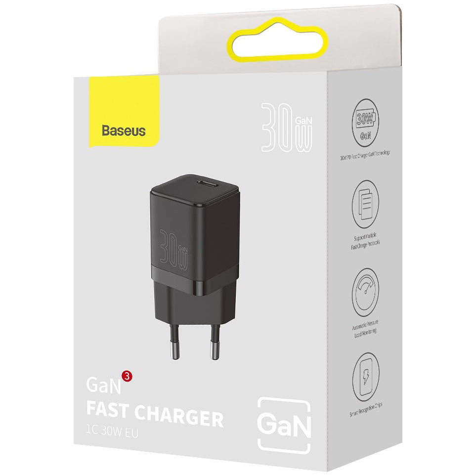 Baseus GaN3 Network Charger, 30W, 3A, 1 x USB-C, Black CCGN010101