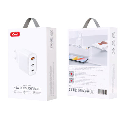 XO Design L117 Power Adapter, 45W, 3A, 1 x USB-A - 2 x USB-C, White