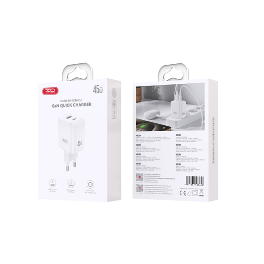 XO Design CE36 Network Charger, 45W, 3A, 1 x USB-A - 1 x USB-C, White