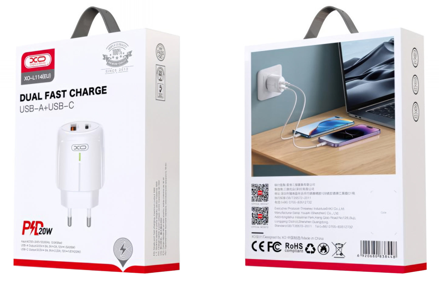 XO Design L114 Network Charger, 20W, 3A, 1 x USB-A - 1 x USB-C, White