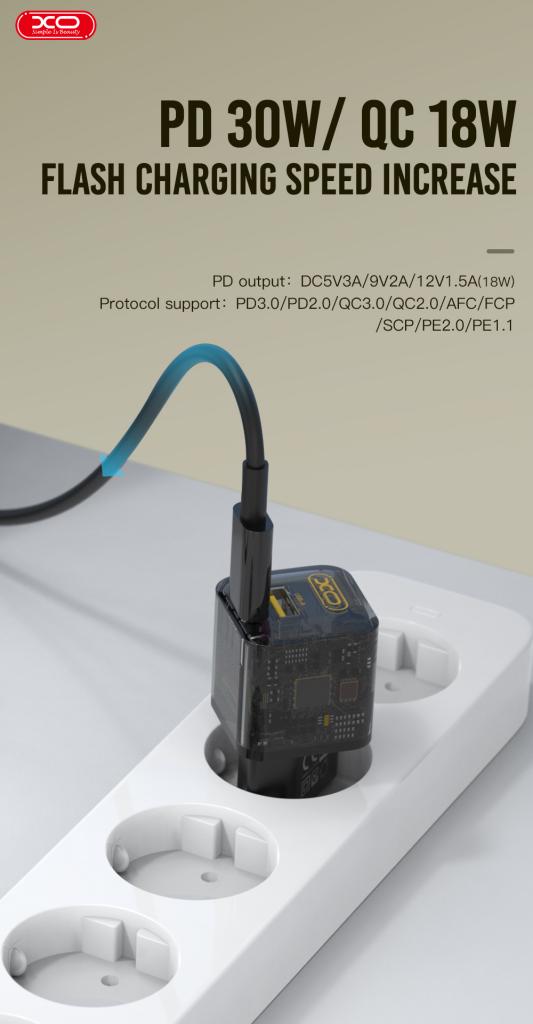 XO Design CE05 Network Charger, 30W, 3A, 1 x USB-A - 1 x USB-C, Brown