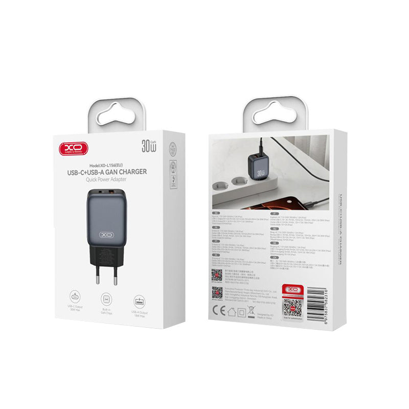 XO Design L156 Network Charger, 30W, 3A, 1 x USB-A - 1 x USB-C, Black