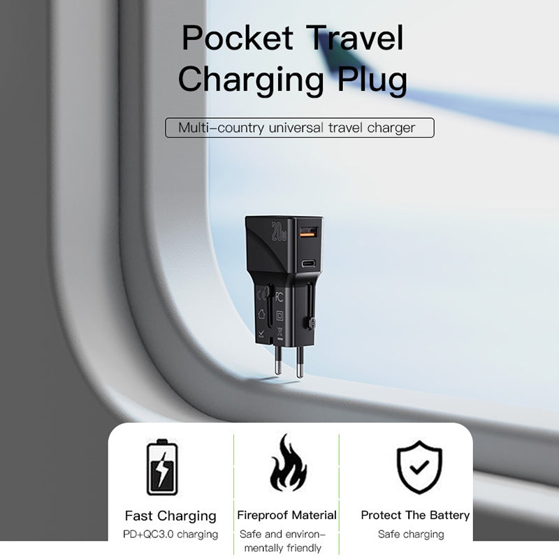 Yesido MC17 Travel Power Adapter, 20W, 3A, 1 x USB-A - 1 x USB-C, Black