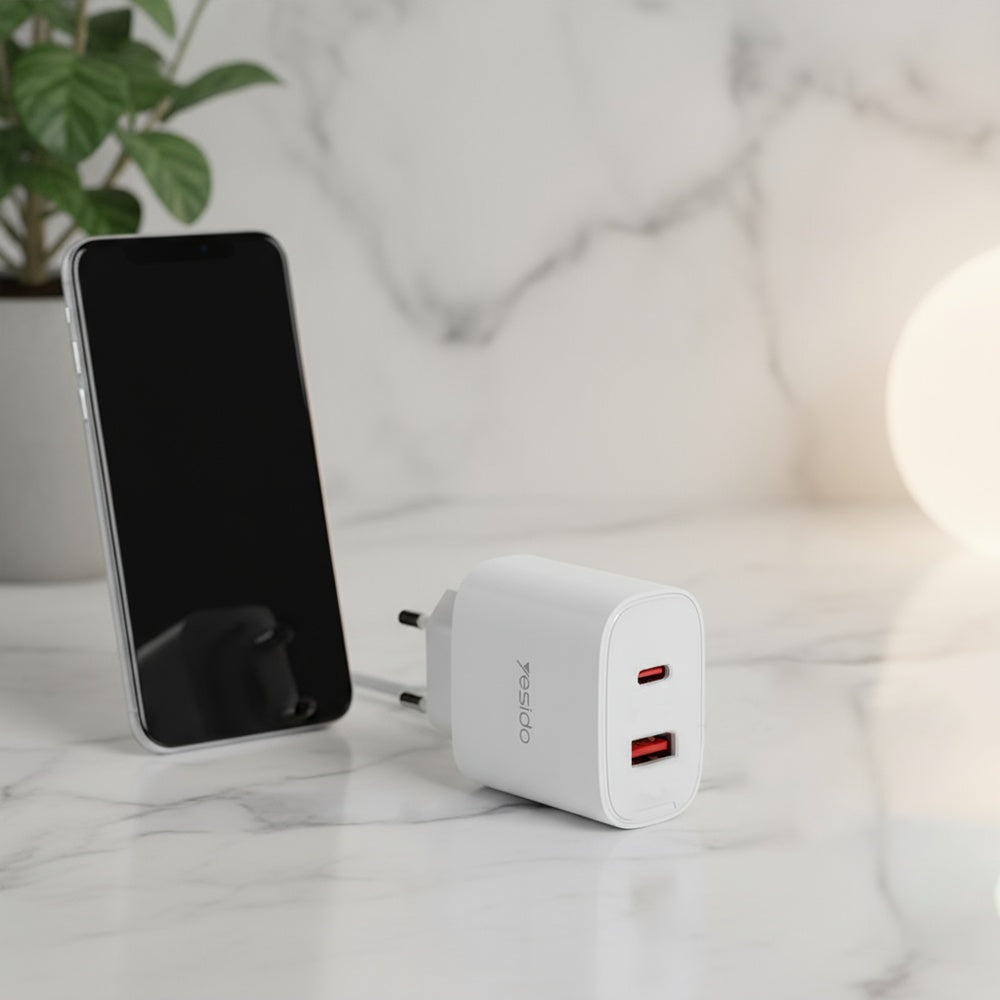 Yesido YC02E Network Charger, 20W, 3A, 1 x USB-A - 1 x USB-C, White