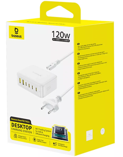 Baseus EnerFill FH21 Station Charger, 120W, 3.25A, 2 x USB-A - 4 x USB-C, White E0120T01