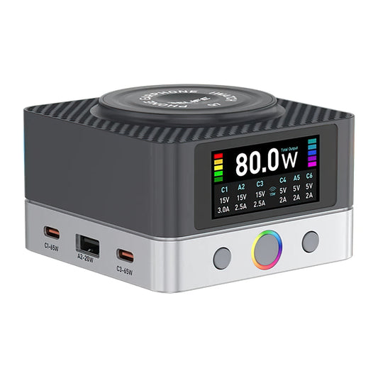 Relife Q7 QI Charging Station, 80W, 3.25A, 2 x USB-A - 4 x USB-C, Gray