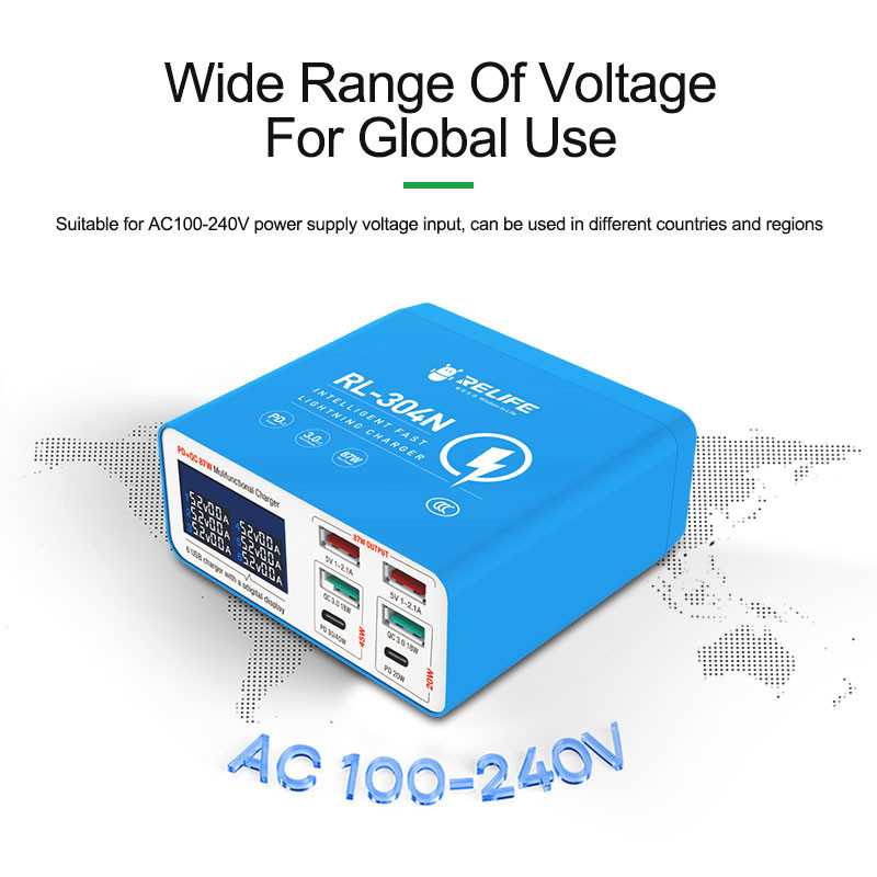 Relife RL-304N Charging Station, 87W, 3A, 2 x USB-C - 4 x USB-A, Blue