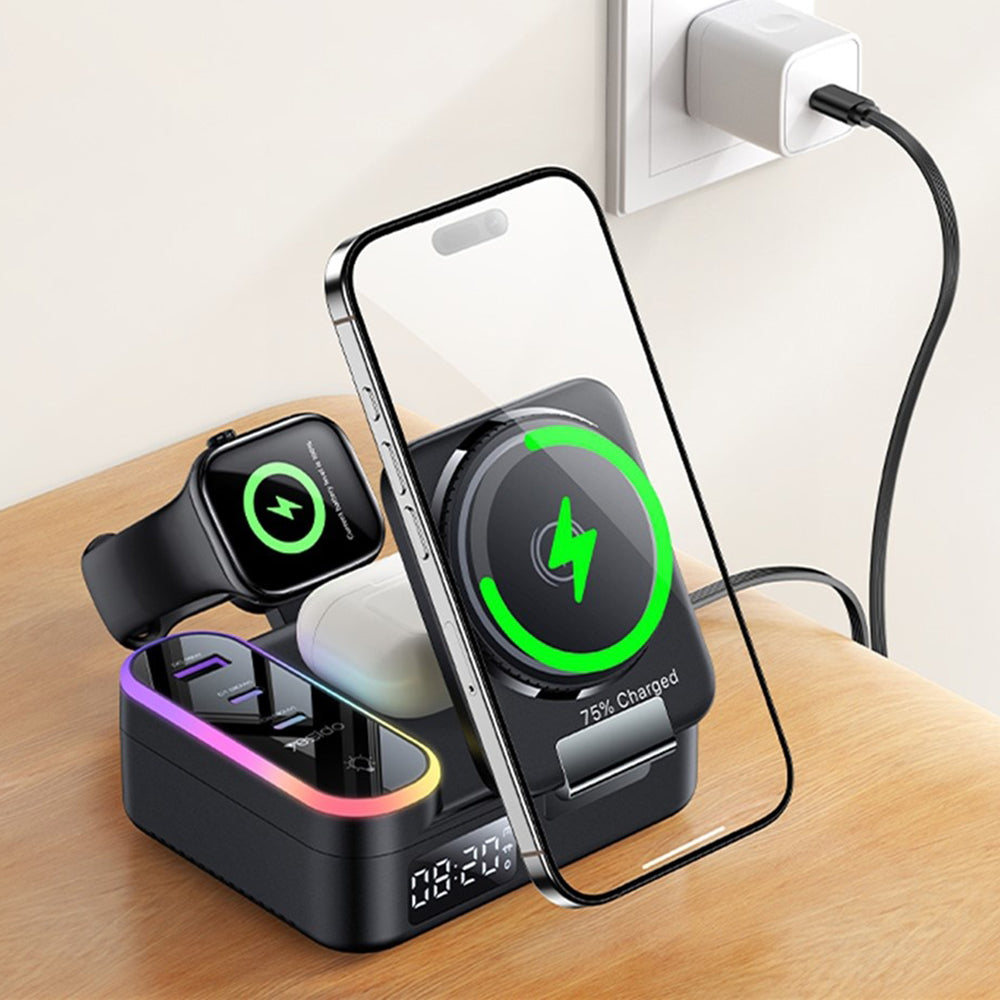Yesido DS38 Display QI 3in1 Charging Station, 65W, 3A, 1 x USB-A - 2 x USB-C, Black