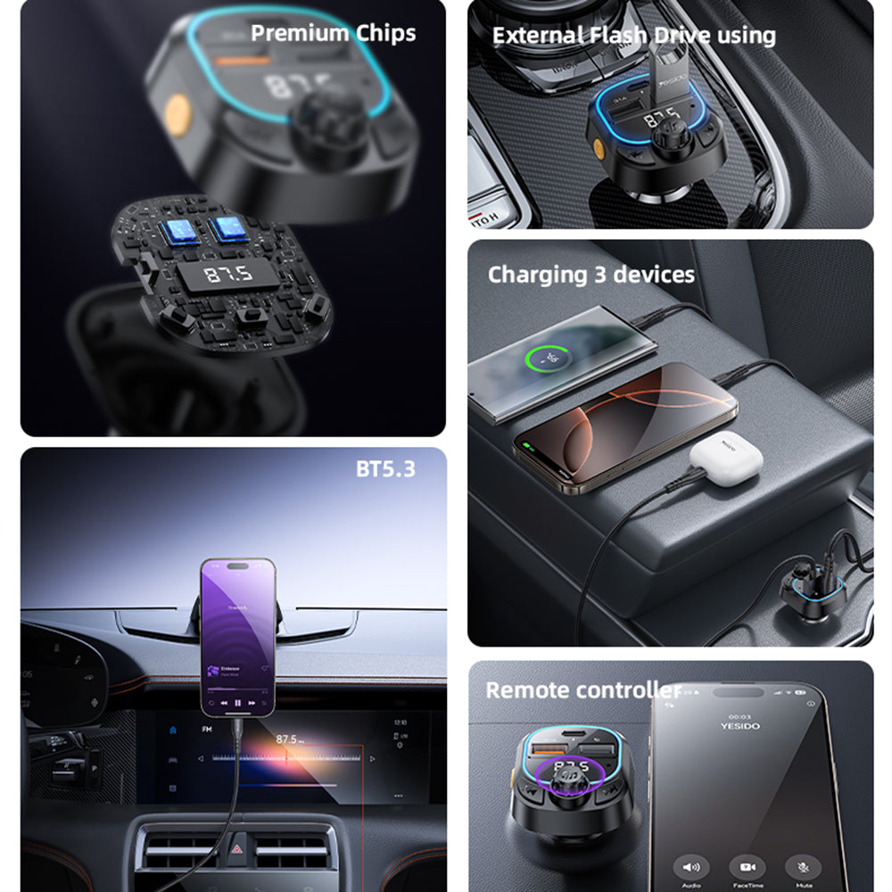 Yesido Y70 Bluetooth FM Modulator, 2 x USB-A - 1 x USB-C