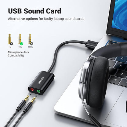 UGREEN US205 USB Sound Card, 2 x 3.5mm Jack, Black