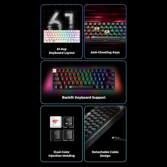 HAVIT KB903L Gaming Keyboard, RGB, 1.8m, White Transparent